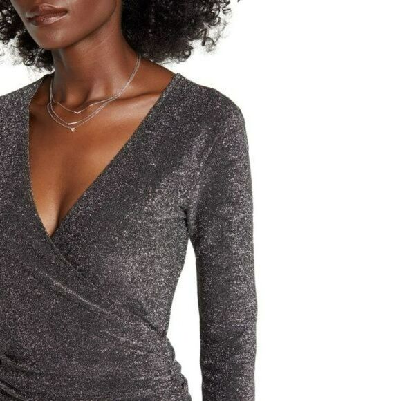 Leith Silver Metallic Long Sleeve Wrap Bodycon Dress sz S - Picture 4 of 10